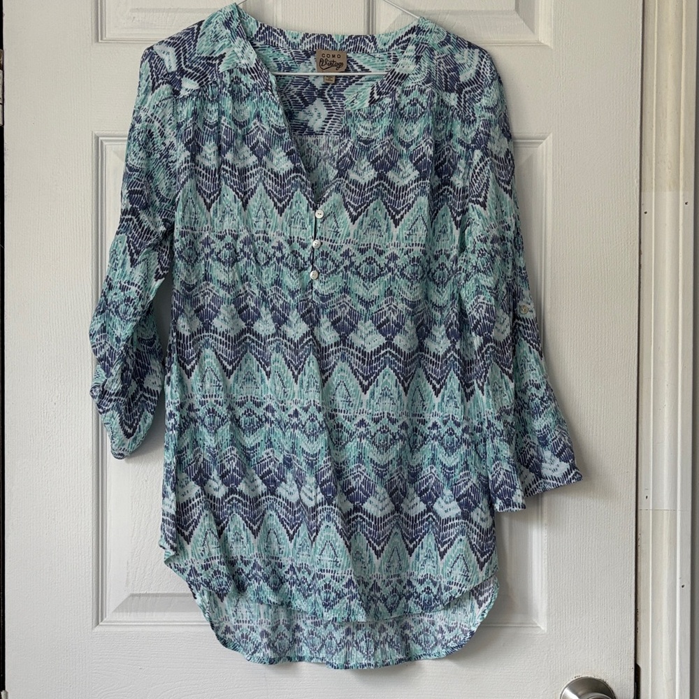 Vintage Camo Women’s Teal and Navy Geometric Blouse
